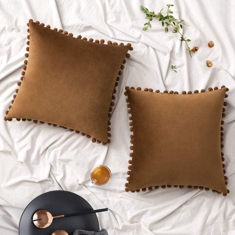 Housse De Coussin Velours - 18x18 Pouces - Avec Pompons - Pour Canapé Chambre Bureau Voiture - Lot De 2 (1/5)