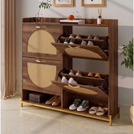 Schuhschrank 108,5 x 24 x 100 cm MDF Nussbaum, 4 Klappen, platzsparend – MEUBLIV (1/5)