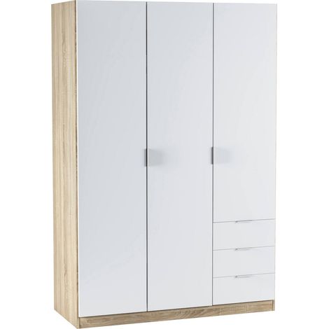 Armadio con tre ante e tre cassetti, finitura rovere canadese/bianco, dimensioni 121 cm (L) x 180 cm (A) x 52 cm (P) (1/10)