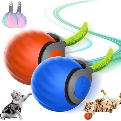 Confezione da 2 palline interattive per gatti, piume di ricambio, palla rotolante automatica con coda, giocattolo per cani, ricaricabile, blu + arancione (1/5)