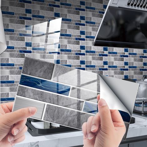 24 pièces Mosaïque autocollante 10x20cm Gris Bleu, Cuisine Salle de bain Stickers Bibliothèque, PVC Stickers, Vintage Wall Stickers Waterproof Removable (1/5)