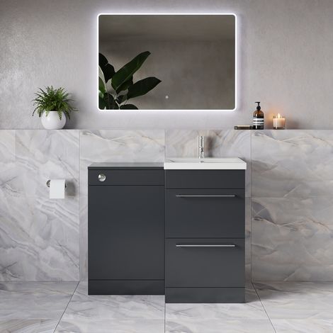 Napoli 390 Gloss Grey 1000mm 2 Drawer Vanity Unit Toilet Suite with Glide Basin - 1000mm - Chrome 320mm HandleWithout Kingston Toilet Pan