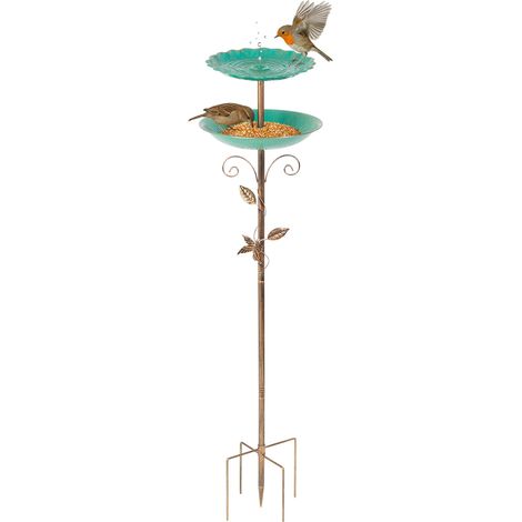 Vogelbad Schale Stehend Doppelstufig, 2-in-1 Vogeltränke & Futterspender mit 5-Zacken-Boden, Wassertränke für Vögel, Metall Vogelbecken Schüssel für Gartendeko