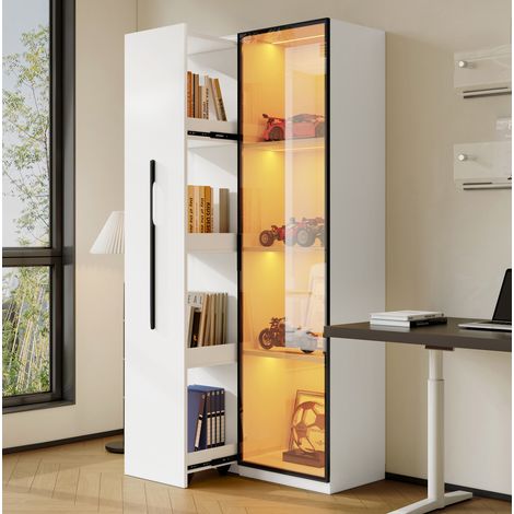 Multifunktionsschrank (70x40x160 cm), ausziehbares Bücherregal und Vitrine mit LED, MDF, Weiß (1/5)
