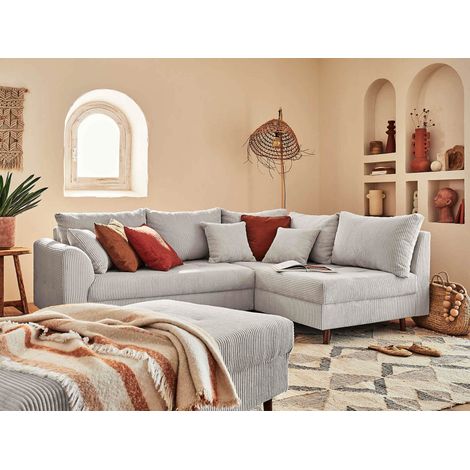 Rune – ecksofa rechts – 4-sitzer – mit hocker – aus cord - hellgrau