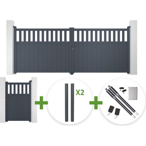 Portail battant 4m SANTIS H.160cm aluminium gris + 4 poteaux ELDA + Portillon 1m SANTIS H.160cm aluminium gris + motorisation Ranger B150 (1/5)