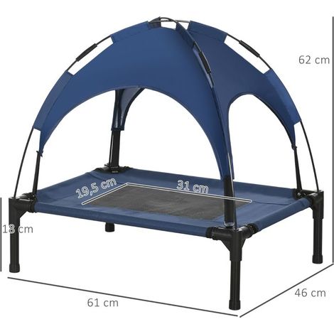 Lit d'extérieur surélevé pour chien avec auvent anti-UV, 61 x 46 x 62 cm, tissu taffetas respirant bleu foncé, confort optimal en extérieur (1/4)