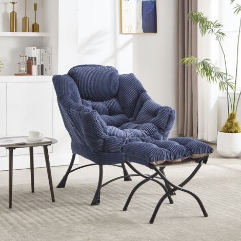 Fauteuil à Oreilles avec Repose-pieds, Fauteuil de Détente avec Pouf, Fauteuil relax avec accoudoirs et poche latérale — Fauteuil de lecture pour salon, Bleu marine