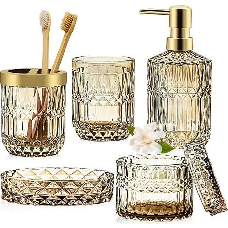 1 - Ensemble Accessoires Salle De Bain - Distributeur Savon Porte Brosse À Dents - Organisation Quotidienne Décoration Élégante - Doré - 5 Pièces (1/5)