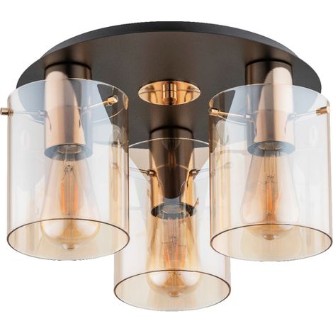 Alfa ATMAN Glamour Triple Ceiling Light Fixture, Antique Brass/Gold with Black Accents, 3x E27 Sockets (max 15W each), 36cm Wide x 22cm High Flush Mount Lamp