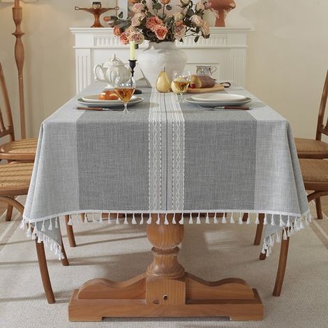 Nappe rectangulaire d'extérieur en lin, nappe en coton imperméable de style bohème champêtre avec pompons, robuste et infroissable, pour les pique-niques (1/5)