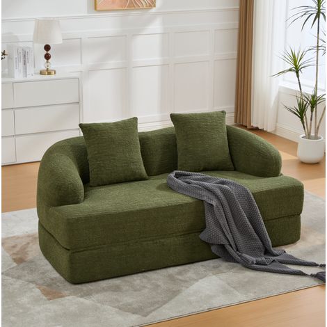 Canapé convertible 2 places 2-en-1 en chenille, avec 2 coussins, pliable, vert HAVRYA (1/5)