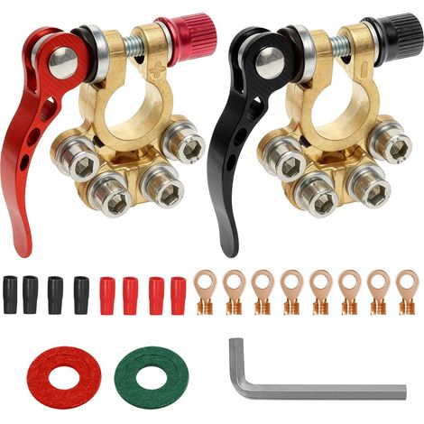 2 Pcs Car Battery Terminal Clamp Heavy Duty, Battery Terminals Connectors Quick Release, Battery Terminal Ends 4 Way with Cable Lugs and Washers for Cars Trucks Caravans (1/5)