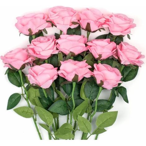 12 pieces fleurs de roses artificielles roses en soie tige unique realiste faux bouquet de rose pour mariage douche nuptiale decorations de jardin a la maison rose