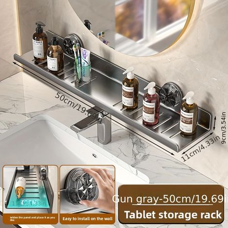 (Gris 50x11x9cm) Organisateur mural multifonctionnel à ventouses pour robinet, rangement pour produits de maquillage et articles de toilette, avec égouttoir. (1/5)