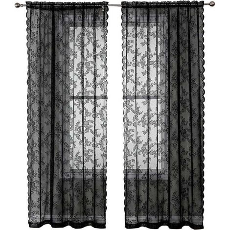 Rideaux en Dentelle Noire 84 Pouces (213cm) - Motif Floral Rustique Vintage - Voile Noir pour Salon - Intimité Style Goth - 2 Panneaux 40x80 Pouces