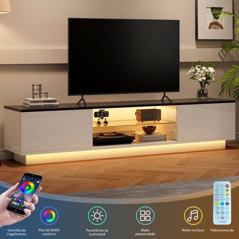 JOOKGBD- Meuble TV 160 cm, Meuble télé blanc avec éclairage LED, étagères ouvertes en verre, support TV moderne jusqu'à 65", pour salon chambre, Verre, Métal, Blanc