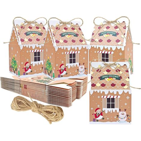 Lot de 24 Boîtes à Bonbons en Papier Kraft de NoëL, en Forme de Maison Avec Corde de Chanvre, Boîtes à Bonbons en Papier de NoëL pour DéCorations de FêTe de NoëL (1/5)