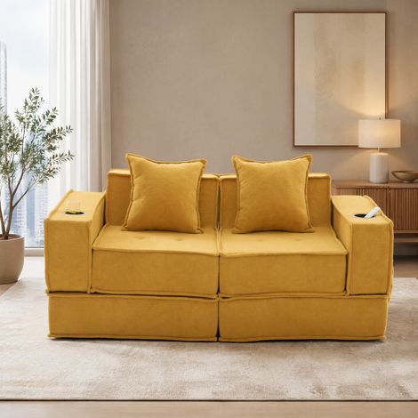 Divano letto modulare 2 posti in ciniglia giallo senape con 2 cuscini, OKWISH (1/5)