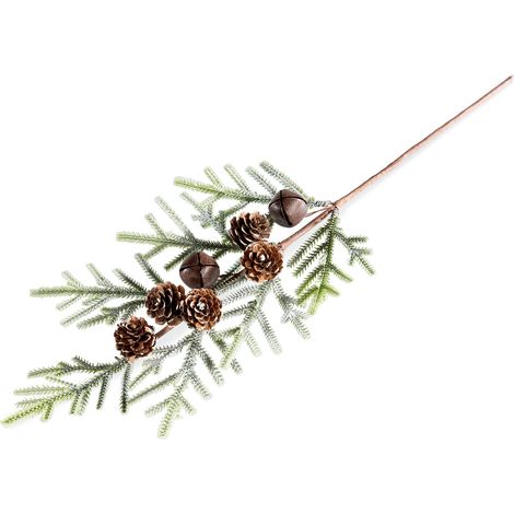 Rametti pick autunnali di abete artificiale innevato con pigne e campanelle, set da 12 pezzi, cm 31 H (con gambo 51)