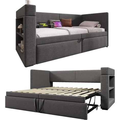 Polstertes Daybett, Einzelbett Schlafsofa mit Ausziehbett, Armlehnen mit USB- & Type-C-Ladeanschluss und Getränkehalter, Leinen-Mischgewebe, ohne Matratze.
