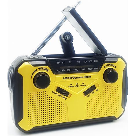 Hand-crank, battery-operated, solar-powered FM/AM radio, emergency radio with SOS alert/flashlight, yellow. (1/5)