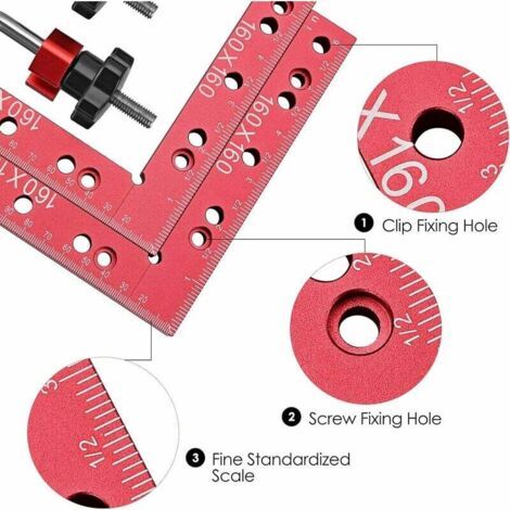 Carrés de Positionnement à 90 Degrés avec 2 Pinces D'Angle et 4 Visser, 160X160 mm Pince d'angle type L 90° D'Aluminium, Outil de Menuisier de Type L pour Serre Joint Angle à 90 Degrés (1/4)