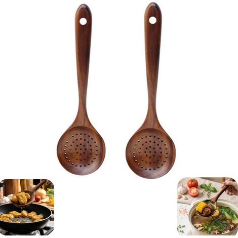 Cuillères en bois lot de 2 - écumoires et passoires à oeufs et nouilles pour cuisine, brun, 28 x 8 cm (1/5)