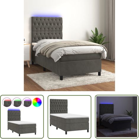 The Living Store Boxspringbett mit Matratze & LED Dunkelgrau 100x200 cm Samt - Boxspringbett - Doppelbett - Samtbett - Luxusbett - Bett Mit Beleuchtung (1/5)