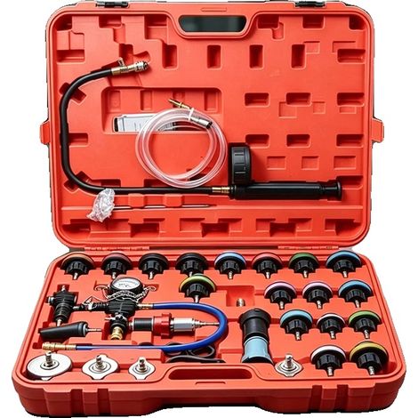 Testeur de pression de pompe de radiateur, kit de 34 pièces, plage de pression de 0 à 35 psi, longueur de tuyau de 21 pouces, diamètre du manomètre de 3 pouces, compatible avec la plupart des systèmes (1/5)