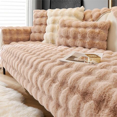 Housse de méridienne peluche lapin café au lait, 120×160cm fendue, antidérapant (1/5)