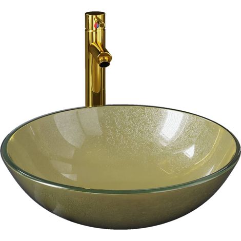 Lavabo de bain avec robinet et drain à poussoir vasque à poser de toilette lave-mains de salle de bain lavabo de salle d'eau diamètre 42 cm verre trempé