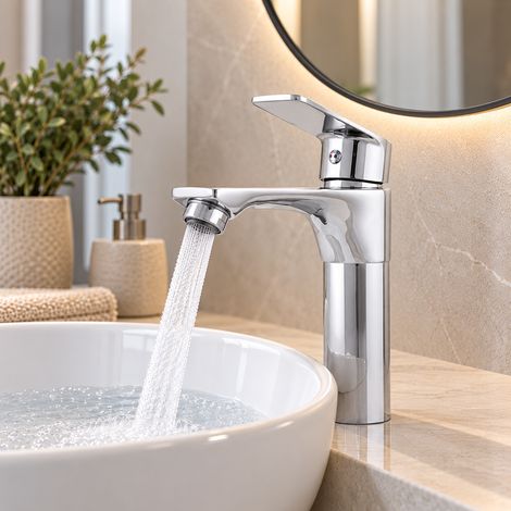 Rubinetto per lavabo in ottone / zinco, cromato, acqua calda e fredda, tubi flessibili, beccuccio basso, maniglia singola [QLI-F
