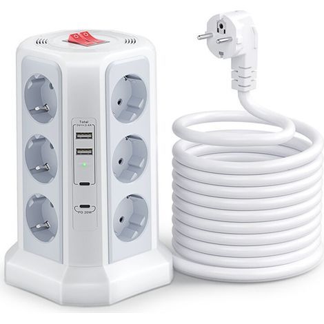 Multiprise avec Interrupteur, Tour Multiprise 12 Prises et 4 USB（2 USB-A&2 USB-C, 1.5M Câble à la Maison et au Bureau - Blanc (1/3)