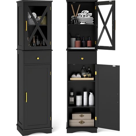 Armoire de Salle de Bain Haute, Meuble de Rangement Étroit avec Tiroir, 2 Portes et 3 Étagères Réglables, Tour à Linge Mince pour Cuisine, Salon, Noir (1/5)
