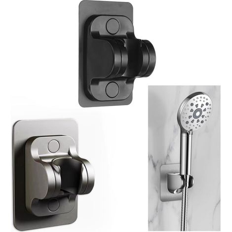 Set mit 2 Universal-Duschkopfhalterungen, schwarz und silbern, selbstklebend, ohne Bohren, für Fliesen, Glas und Metall, mit 3D-Verstellung (1/5)