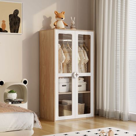 Lot de 2 armoires enfants 160 x 50 x 150 cm – 4 portes acrylique, tringles à vêtements, étagères réglables, blanc et naturel – Rangement double pour frères et sœurs (1/5)