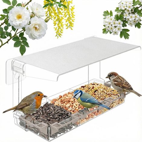 Fenster-Vogelhaus mit 3 Fächern und 5 Sitzstangen, transparent, selbstklebend