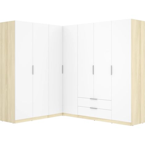 Armadio angolare 7 ante 2 cassetti L325cm Bianco e naturale chiaro - KALONY (1/4)