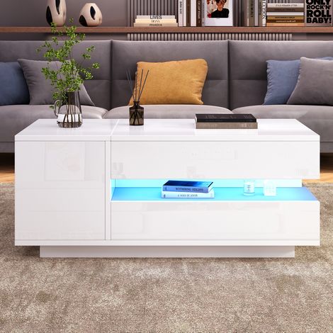 Table Basse Relevable 90cm - Avec LED & Rangements Intégrés - Pour Salon, Petit Espace - Blanc (1/5)