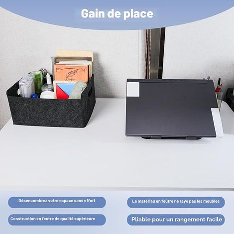 Panier de Rangement en Feutre Épais - Organisateur Dressing pour Armoires/Étagères, Boîte de Stockage pour Maison/Bureau/Papier A4 (Noir, 12.4 in x 9.8 in x 5.9 in) (1/4)