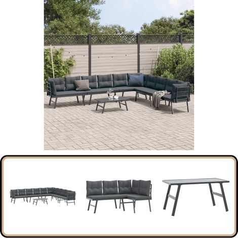 5-tlg. Garten-Sitzgruppe mit Kissen Schwarz Stahl - Gartengarnitur - Gartenmöbelset - Esszimmer Im Freien - Outdoor Möbel - Balkonmöbel