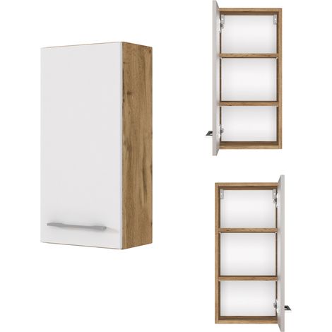 Badezimmer Hängeschrank LOUNY-03 in Wotaneiche Nb. mit matt weiß, B/H/T: ca. 30/64/20 cm (1/5)