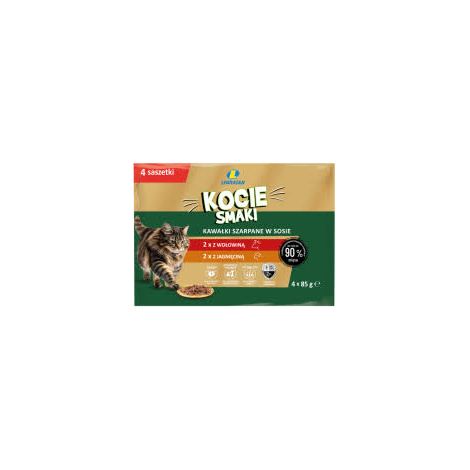 Cibo per gatti, carne sfilacciata, manzo, agnello, 4 bustine da 85 g