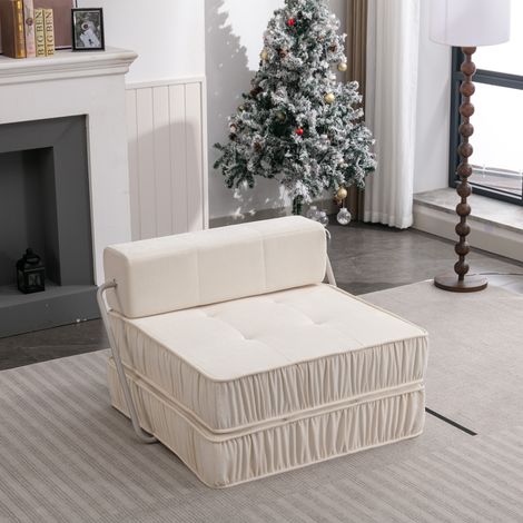 Chauffeuse Convertible 2-en-1 en Chenille Blanche, Couchage 186x93 cm, Fauteuil-Lit Pliable pour Petit Espace