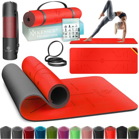 KESSER® Gymnastikmatte mit Tragegurt rutschfest TPE Yogamatte Gepolstert & rutschfest Fitnessmatte    183 x 61 Trainingsmatte für Fitness Sportmatte   Rot / Schwarz