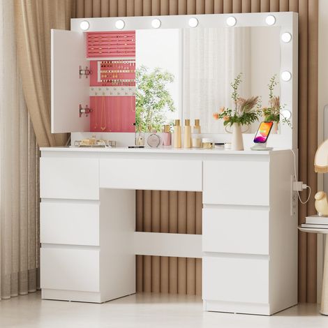 Coiffeuse avec Grande Miroir et Multiprise, 12 Ampoules LED Réglables, Table de Maquillage avec 7 Tiroirs, Rangement de Bijoux, Grande Commode Moderne (1/5)