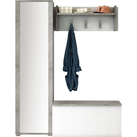 Dmora - Mobile da ingresso Mirtilla, Entratina moderna con appendiabiti, Mobile con scarpiera, Armadietto con specchio, Cm 50x32h182, Bianco e Cemento, con imballo rinforzato