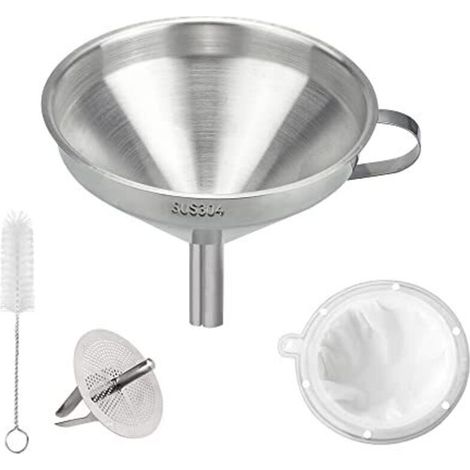 13 cm Edelstahltrichter mit Griff + 300-Mesh-Filter + herausnehmbares Sieb + Küchenreinigungsbürste - Metalltrichter-Set für Marmelade, Öl, Wein, Flüssigkeiten (1/5)