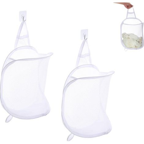 Cesto portabiancheria pieghevole in rete, composto da 2 pezzi. Cesto portabiancheria da appendere. Borsa portaoggetti da parete con ganci. Portatile. Facile da montare. (1/5)